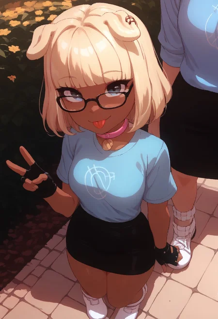 Expressiveh, score_9, score_8_up, score_7_up, score_6_up, score_5_up, score_4_up, godrays, 1girl,doribun, blonde hair, medium hair, blunt bangs, dark skin, dog ears,Blue shirt, White symbol, black skirt, white socks, white shoes, fingerless gloves, black gloves, pink collar,park, v, glasses, tongue, smile,face focus
