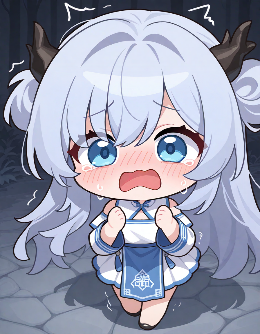 1girl, solo, longwu, longwu\(xinchun\), tearing up, 
chibi, very awa, masterpiece, best quality, amazing quality, absurd res, hi res, highres, <lora:ER_SD:1> <lora:longwu:1>