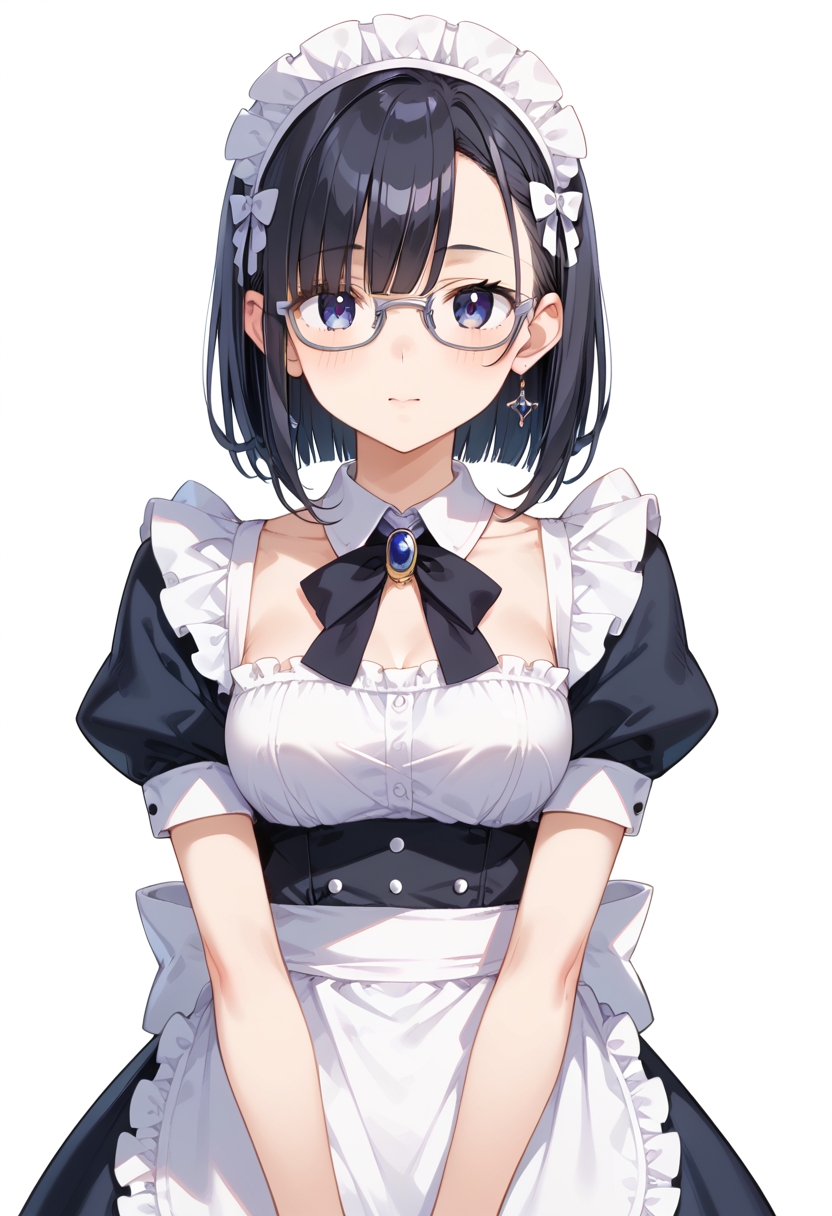 score_9, score_8_up, score_7_up, rating_safe, masterpiece, best quality, absurdres, unity 8k wallpaper, official art, official style, source_anime, uncensored, game cg, megami magazine,
1girl, solo, black hair, medium hair, upper body, covered eyes,maid, maid headdress, black dress, maid apron, face focus,
oval_metal, glasses, still life, white background, simple background, grey-framed eyewear,
 <lora:glasses_OvalMetal1_PONY_V1:1>