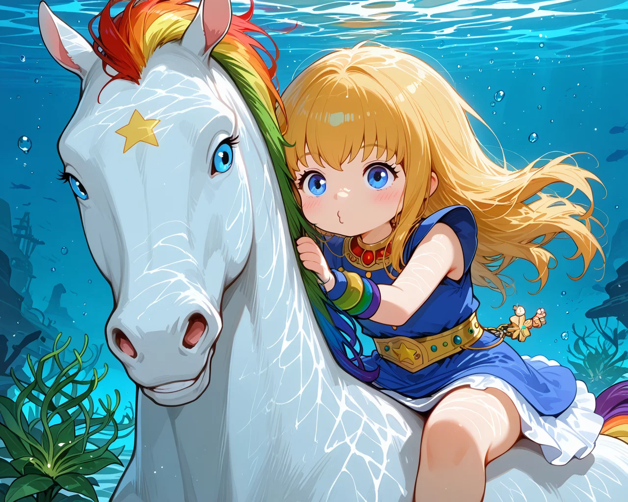 IllusP0s, PonyScores7, source_anime, ah1, IllustriousQual, interesting, exciting, spectacular, wonderful,
BREAK (wedding photography, capturing special moments, documenting love stories, vibrant emotions, storytelling through imagery, dynamic compositions, candid shots, showcasing details, immersive experiences, creating lasting memories, unique perspectives, highlighting relationships, emotional depth, powerful narratives, beautiful imagery, celebrating commitment),
BREAK 1girl, <lora:Rainbow Brite Illustrious 1:0.6>, Rainbow Brite, Starlight, A white horse with a rainbow mane, <lora:shinyskin2:0.2>, glistening skin,
BREAK (blonde hair), long hair, <lora:hairdetailpxl:0.2>, hairdetailpxl,
BREAK (blue eyes), <lora:expressive eyes:0.2>, expressive eyes, <lora:eyedetailpxl:0.2>, eyedetailpxl, <lora:Eyes_High_Definition:0.2>, EyesHD,
BREAK ((o3o)), <lora:Expressive_H:0.2>, Expressiveh, <lora:Emotional_Anime_Expressions_PonyXL_Concept:0.2>, emotional, <lora:Best_Facial_Expression_LoRA_PONY:0.2>, looking at viewer, <lora:Detailed expressive EXEV style -XL Pony V1.0:0.2>, FaceDetail,
BREAK ((sitting cross-legged, sitting cross-legged with a flirtatious smile, exuding charm and elegance)),
BREAK (Amaryllis plant chic high-neck dress with cutout details and a flowing skirt made of soft chiffon, performing a lively samba in a competitive ballroom),
BREAK (((an enchanted underwater lagoon, with luminous plants, serene waters, hidden nooks, ethereal beauty))),
BREAK <lora:xl_more_art-full_v1:0.2>, <lora:aesthetic_anime_v1s:0.2>, <lora:EpicF4nta5yXL:0.2>, <lora:detailxl:0.2>, detailxl, <lora:Fant5yP0ny:0.2>, best quality, amazing quality, best aesthetic, absurdres, illustration, Volumetric_Lighting, ultra-detailed, very aesthetic, intricate details, 8k, masterpiece, best_quality
BREAK Stable_Yogis_PDXL_Positives, AS-Adult, <lora:Complicated fantasy portrait - XL Pony V2.0:0.2>, bad-hands-5, <lora:HDA_Detailer:0.3>,