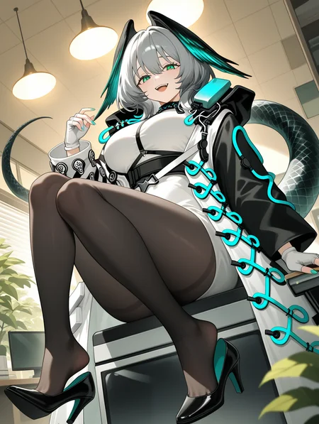 1girl, ho'olheyak \(arknights\), (konya_karasue), sidelighting, dynamic shadows, dynamic illumination, ceiling light, sitting, looking at viewer, smile, open mouth, indoors, natural light, monitor, from below, dynamic angle, laboratory-like, vegetation, campus scenery, warm illumination, black pantyhose, pantyhose, wings, gray fingerless gloves, snake tail, grey hair, black footwear, aqua nails, high heels, head wings, breasts, long sleeves, shoe dangle, large breasts, hair between eyes, upper teeth only, feathered wings, open clothes, nail polish, open coat, coat, green aqua eyes, :d, smug look, seductive gaze,
,masterpiece,best quality,newest,