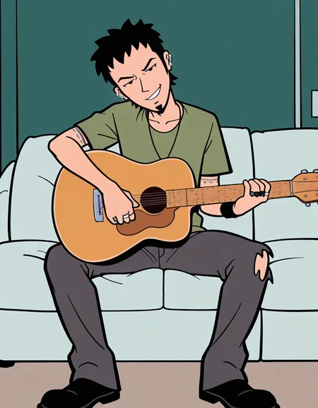 masterpiece, best quality, absurdres, newest, perfect quality, best quality, absolutely eye-catching, detailed background, intricate details, anime, male focus, <lora:Daria - Trent Lane - Illustrious-000010:0.8>, trentlane, 1boy, mature male, black hair, black eyes, goatee, multiple earrings, green shirt, necklace, single wristband, multiple rings, black pants, torn pants, black shoes, head tilt, looking at viewer, indoors, sitting, holding guitar, smirk