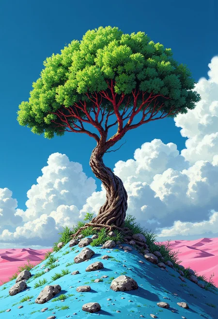 midjourney art
A surreal landscape with a lonely tree on top of a small hill.((hight detalisation tree)) A tree with a dense crown of bright green color, with red branches, grows on blue sand. There are a few rocks and small bushes around, and in the background you can see pink sand dunes that create a sense of calm, fantastic nature. The sky is dark blue, with ((beautiful vitage white clouds)), which adds depth and contrast to the picture.