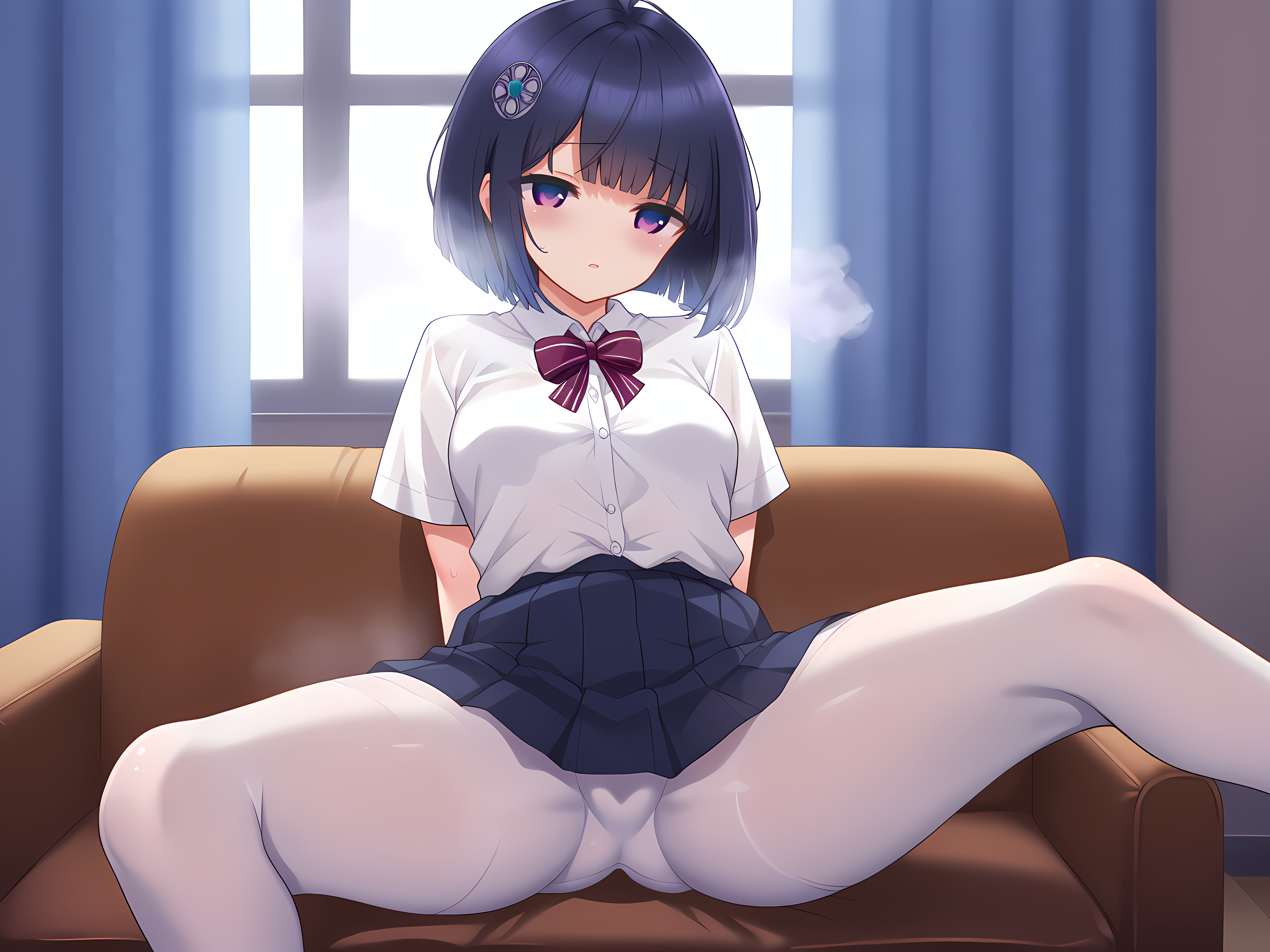 shimo,shizuha,short hair,black hair,purple eyes,multicolored eyes,school uniform,sitting,spread legs,couch,indoors,living room,window,curtains,dark room,head on hand,leaning to the side,heavy breathing,blush,<lora:Selenoxia_-_Shizuha_-_Shimobashira_Workshop:1>,, score_9, score_8_up, score_7_up,source_anime,(masterpiece),(best quality),(ultra-detailed),(best illustration),(best shadow),(absurdres),(detailed background),(very aesthetic),source_anime
