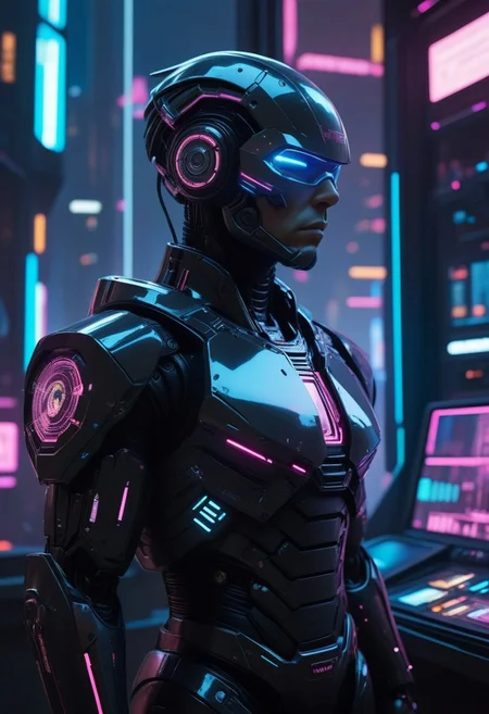 corporate enforcer in a dystopian metropolis, stern and authoritative expression, clad in sleek, black armor with glowing insignias, standing in a high-tech control room with holographic displays, skyscrapers visible through the large windows, air filled with the scent of artificial coolants and high-tech equipment, distant sounds of robotic announcements and city noise, use of 'high resolution', '8k', 'hyper-detailed', 'dystopian', 'cyberpunk', 'dramatic lighting' to highlight the character, 'depth of field' for immersive effect, 'HDR' for high dynamic range