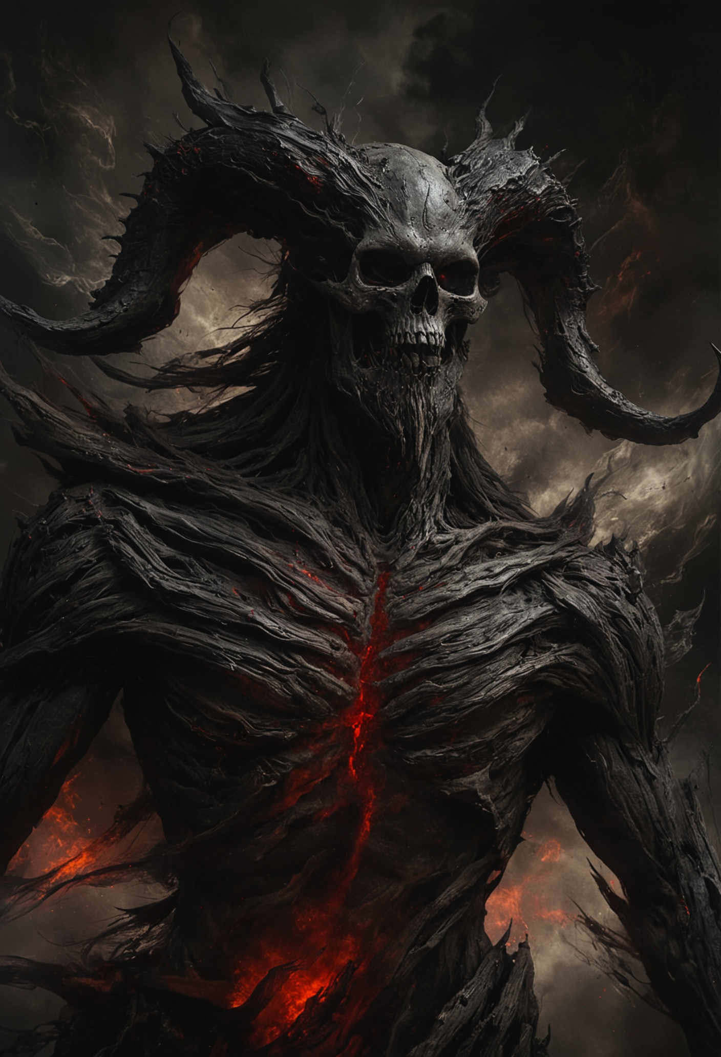 A towering creature with an ominous skull-like visage and long twisting horns emerges from the shadows, its muscular humanoid form is composed of dark greys and blacks, with stark accents of vivid red where the figure appears to disintegrate into embers and ashes, all against a moody backdrop of swirling dark reds, <lora:NicolaSamori:0.6>, <lora:Into_Darkness:0.4>, <lora:MJ52:0.3>