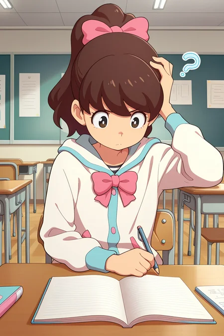 masterpiece, best quality, amazing quality, absurdres, kodamafumika, brown hair, high ponytail, solo, serious, confused, thinking, hand on own head, holding pencil, sitting, looking down, white jacket, upper body, indoors, classroom, school, school desk, notebook, open notebook