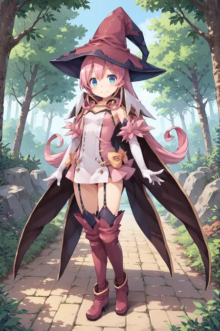 score_9, score_8_up, score_7_up, score_6_up, source_anime, BREAK, <lora:Pamela:0.85> pamdef, 1girl, pink hair, long hair, blue eyes, witch outfit, witch hat, white elbow gloves, cape, zettai ryouiki, garter straps, boots, full body, looking at viewer, smile, happy, scenery, exterior, outdoors, forest, jungle, <lora:backgroundsetXL:0.4> , background, <lora:m0njy4XLP:0.45> , m0njy4,