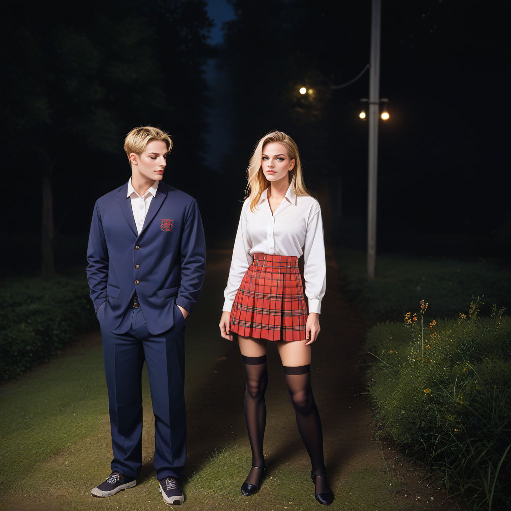 score_9, score_8_up, score_7_up, score_6_up, 1 girl and 2boy, from waist up, blonde hair, rating_safe,
h3rvbmc, <lora:HB-style-0.0-000006:0.6> dark shadows surround the scene, blue shadows, orange light on skin, outdoors, night, grass
the girl wears black stockings with a white shirt and a red plaid skirt, the men wear tracksuit blazers,