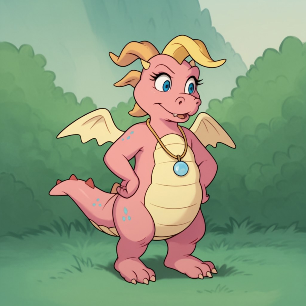 score_9, score_8_up, score_7_up, score_6_up, score_5_up, score_4_up source_furry, CassieDT, semi-anthro, female, dragon, pink skin, horns, wings, jewelry, necklace, standing, outside, hands on hips