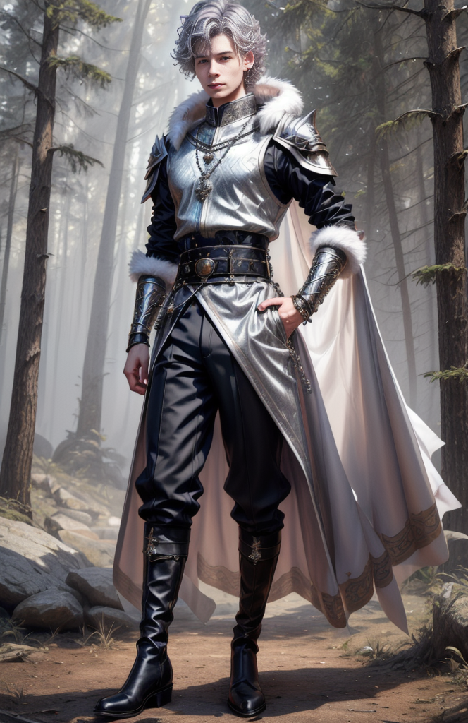8k, wolf prince,   ((masterpiece)).((best quality:1.2)),  sharp focus, full body, head to toe, 1 young man, 22 years old, youthful appearance, male focus, dynamic pose,  silver colored hair, curly hair, EYESHD,  small testicle bulge, Nora outfit fur accents, Nora outfit bead necklaces, Nora outfit pants, Nora outfit hip quiver, Nora outfit leg guards, Nora outfit arm braces, Nora outfit belt with pouches, and Nora outfit fur boots,   defined body, thin waist, looking at camera, armor,  detailed background a wooded clearing, a pet wolf standing nest to him,(absurdres) , <lora:more_details:0.5>, <lora:wrenchftmfshn>,<lora:add-detailxl:0.8>, <lora:Eyes_High_Definition-000007>, , <lora:lightup_brightness_v200:1>, <lora:Nora:1>