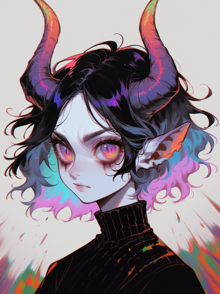 score_9, score_8_up, score_7_up, score_6_up, <lora:1r3gl1XLP:0.8> 1r3gl1, trippy, 1girl, horns, multicolored hair, multicolored eyes, upper body