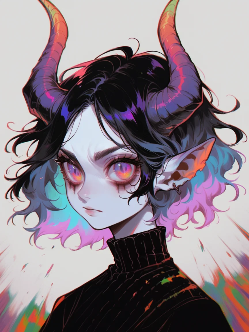 score_9, score_8_up, score_7_up, score_6_up, <lora:1r3gl1XLP:0.8> 1r3gl1, trippy, 1girl, horns, multicolored hair, multicolored eyes, upper body