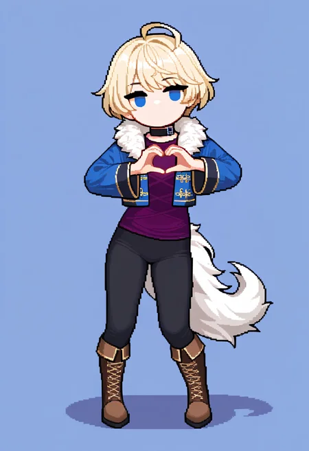 1girl, solo, pixel art, standing, no mouth, full body, (chibi:0.7), heart hands, <lora:MerrinFE-illu:1> casMerrin, blonde hair, short hair, ahoge, blue eyes, solid oval eyes, black choker, blue jacket, fur-trimmed jacket, cropped jacket, open jacket, long sleeves, purple shirt, black pants, wolf tail, brown footwear, knee boots, shadow, simple background, masterpiece, best quality, good quality, newest