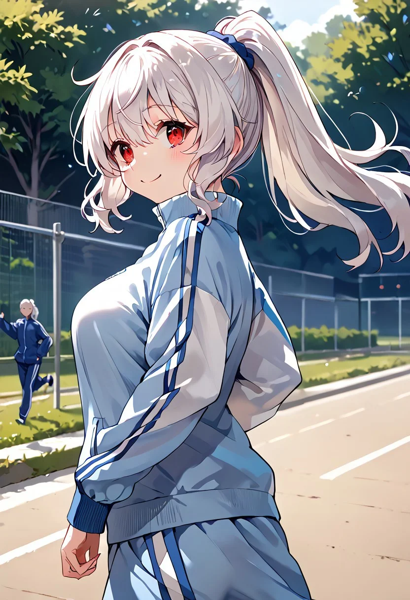 score_9, score_8_up, score_7_up, source_anime, rating safe, outdoor, back shot, 1girl, 18yo, tracksuits, running, one arm up, white hair, long hair, wavy hair, ponytail, red eyes, upturned eyes, expressive eyes, curvy, shy smile, large breasts, perfect hand, detailed, day, 8k, masterpiece, by koumashiro,