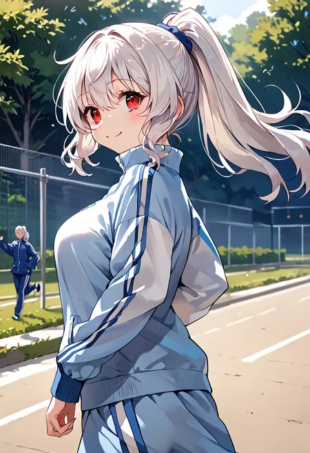 score_9, score_8_up, score_7_up, source_anime, rating safe, outdoor, back shot, 1girl, 18yo, tracksuits, running, one arm up, white hair, long hair, wavy hair, ponytail, red eyes, upturned eyes,  expressive eyes, curvy, shy smile, large breasts, perfect hand, detailed, day, 8k, masterpiece, by koumashiro,
