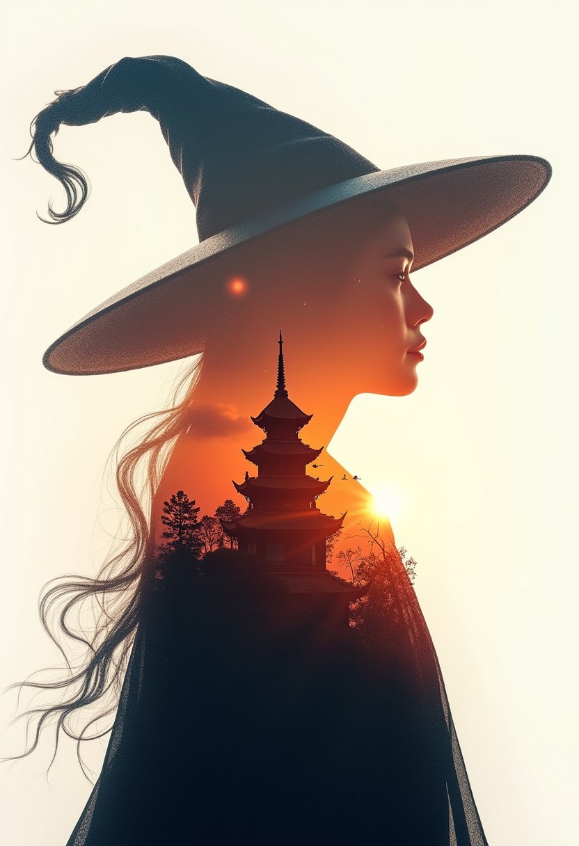 masterpiece, double exposure, silhouette of oriental fantasy mage, mage hat, image of face and neck, filled with a fantasy oriental castle at sunset, highest definition, HD32K, wallpaper, crisp lines, not spilling over the outline, double exposure background, hyperdetailed, concept art, detailmaximizer