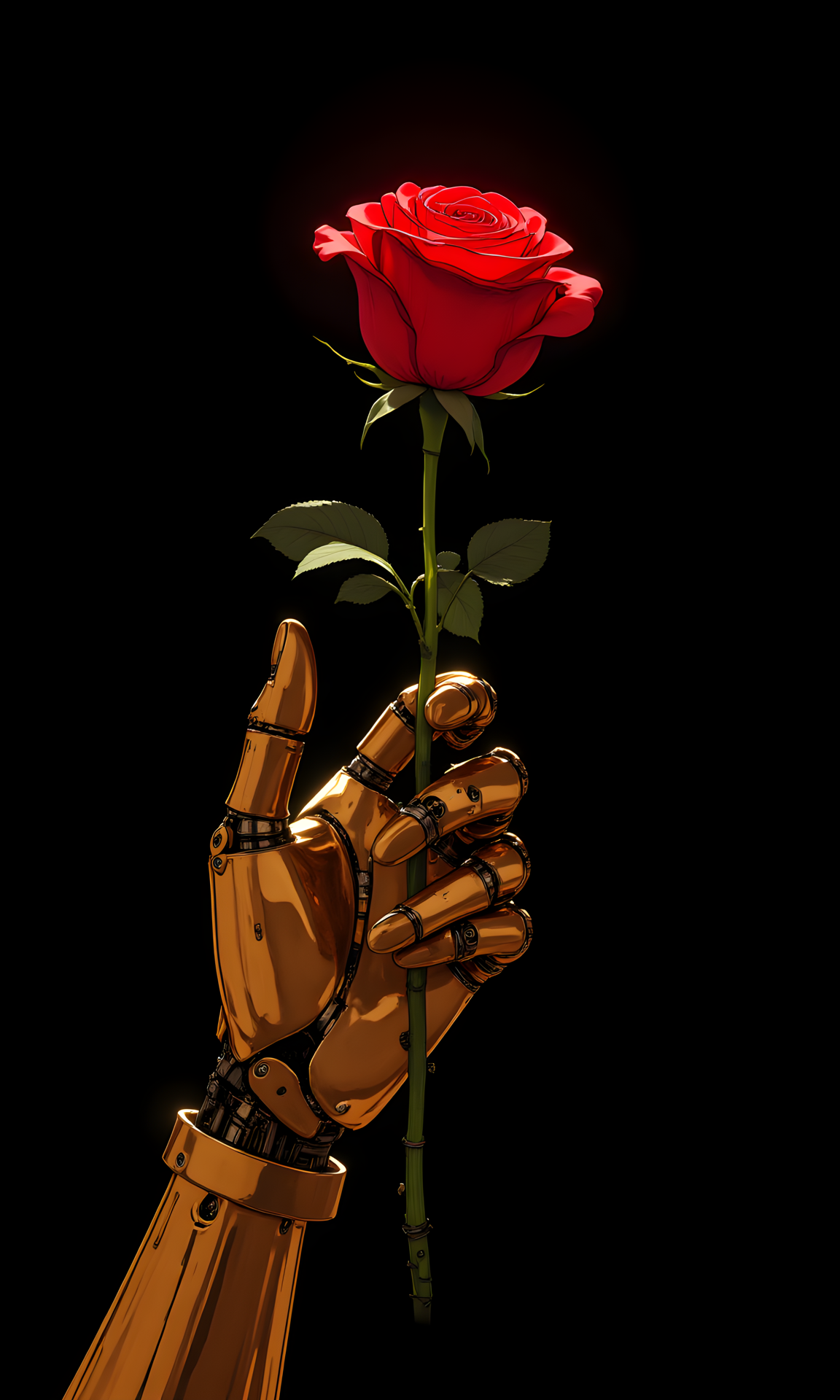 The image shows a hand holding a red rose. The hand appears to be robotic or mechanical mafe from gold, with visible joints and segments which are made of polished copper that suggest an artificial nature. The rose is prominently displayed, held delicately in the figure's hand.
The hand is directed upright, and taking half of shot, holding the rose. The pose is static and deliberate, emphasizing the act of presenting the rose.
The camera is positioned at eye level, capturing the figure from a frontal perspective. This angle allows for a clear view of the rose and the figure's hand, while also including the upper part of the figure's body. The framing focuses on the interaction between the figure and the rose, highlighting the details of both elements.
The lighting is dramatic and focused, with a strong light source illuminating the figure and the rose. The light creates sharp contrasts between the bright highlights and deep shadows, adding depth and dimension to the scene. The overall lighting enhances the metallic sheen of the figure and the vibrant red color of the rose.
The background is completely black, which helps to isolate the figure and the rose, making them the sole focus of the image. The absence of any other elements in the background adds to the sense of mystery and intrigue, drawing the viewer's attention entirely to the central subject.
The composition is well-balanced, with the figure centrally framed. The lines of the figure's arm and the stem of the rose lead the viewer's eye towards the rose, creating a sense of direction and focus. The contrast between the dark background and the brightly lit figure and rose creates a powerful visual impact, emphasizing the theme of the image.
BREAK j_art, <lora:FLUX\jul\J_Anime:1.0>, <lora:FLUX\RetroAnimeS1.1:0.0>, <lora:FLUX\GLSHS:0.0>, <lora:FLUX\Dieselpunk Delight - s0_9 g4:0.0>