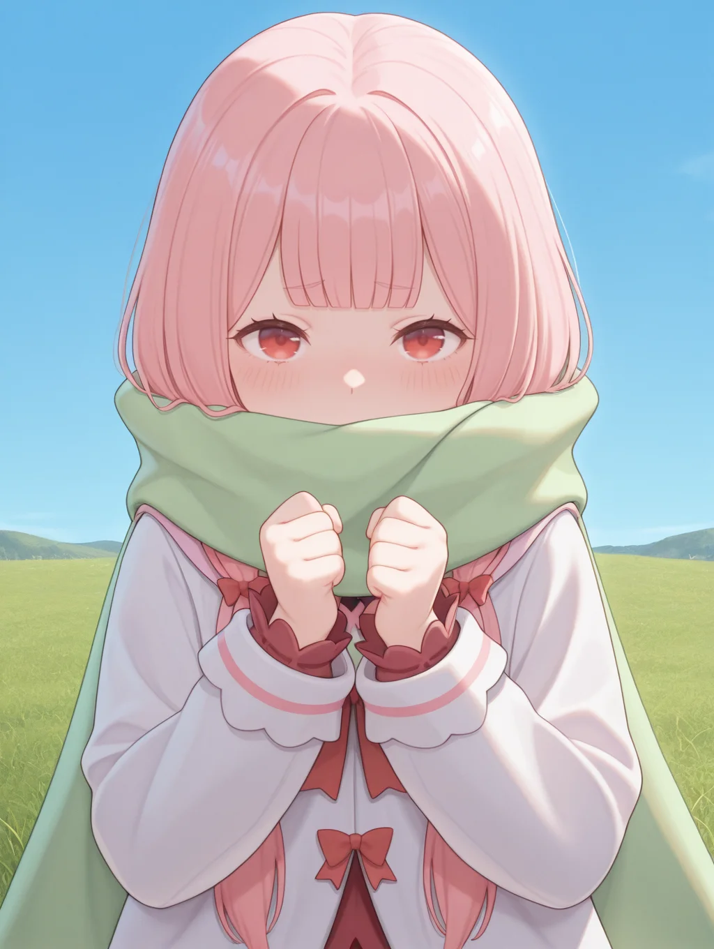 <lora:Carmilla Illu:1>1girl, solo,
carm1lla, pink hair, red eyes, long hair, low twintails, blunt bangs, fringe trim,
c4rmdef, long green scarf, white coat, red dress, dress under coat, long sleeves, red bows,
upper body, scarf over mouth, blush, looking at viewer,
grass, blue sky, portrait, clenched hands,
<lora:Bartolomeobari Style Illustrious:1>, masterpiece, best quality, amazing quality
