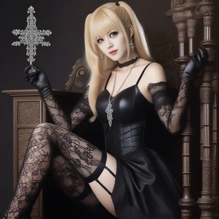 Advertising poster style Misa1024, a full body blond woman dressed in black laces, lace gloves, stocking, cross necklace, in japan <lora:Misa1024:0.8> . Professional, modern, product-focused, commercial, eye-catching, highly detailed