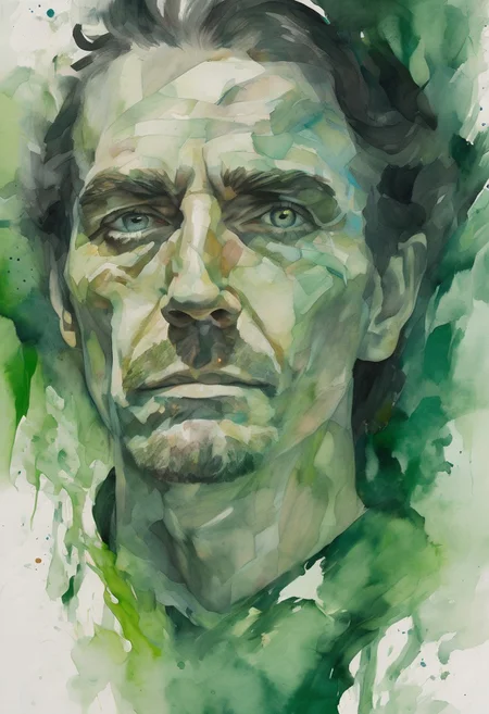 dramatic portrait of a man, showcasing a close-up of his face, intense brushstrokes and abstract elements, light green eyes