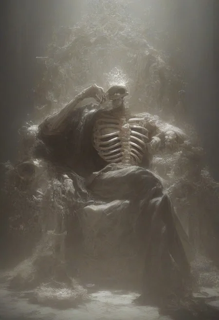 score_9, score_8_up, score_7_up, score_6_up,
one skeleton of dead king wearing rotted clothes and a golden crown on a lavish golden throne, boneswm