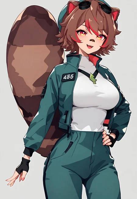 safe_pos, score_9, score_8_up, score_7_up, score_6_up, BREAK, Rakkun VTuber, rakkun, 1girl, brown hair, animal ears, short hair, multicolored hair, tail, raccoon ears, red hair, raccoon tail, raccoon girl, streaked hair, bandaid on nose, dressed in a form-fitting Squid Game-inspired jumpsuit with the iconic numbered patch on her chest, tailored to accentuate her narrow waist, large breasts, wide hips, and thick thighs, standing confidently with one hand on her hip and the other resting casually by her side, her expression playful yet assertive, her ears and tail complementing her mischievous aura, the outfit's material reflecting a subtle sheen under dramatic lighting, emphasizing her curves. The background is a minimalist arena-like setting with faintly glowing neon lines, drawing attention entirely to her striking figure and bold presence, blur background, eyelashes, eyeliner, squidgamesoutfit, jacket, green jacket, shirt, white shirt, pants, green pants, shoes, white footwear, unzipped