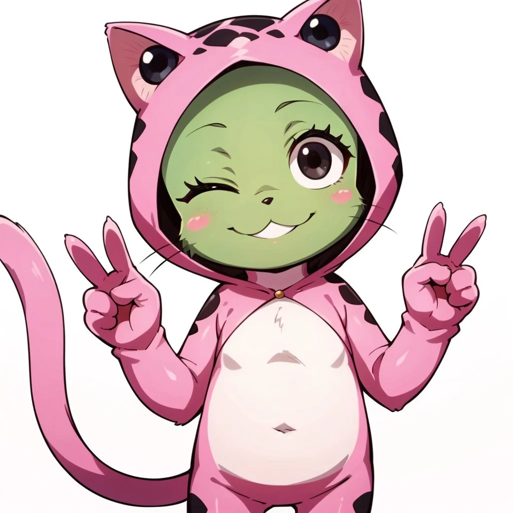 score_9, score_8_up, score_8, score_7, source_anime, Frosch(FT), solo, cat, semi-anthro, furry, green fur, black eyes, black nose, white belly, long tail, pink costume, black spots, looking at viewer, head tilt, one eye closed, double v, standing, wide smile, :3, white background,