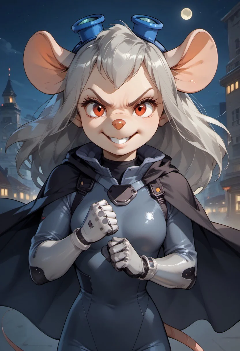score_9, score_8_up, score_7_up, score_6_up, score_5_up, score_4_up
city, night, moon, moon light
widget_h0Ickwrench, black diving suit, mouse girl, anthro mouse, black cloak, light grey hair, long hair, red eyes, white fur
angry smile, looking at viewer, front view, close, mouse feet, bare foot, robotic arm, standing, clenched fist