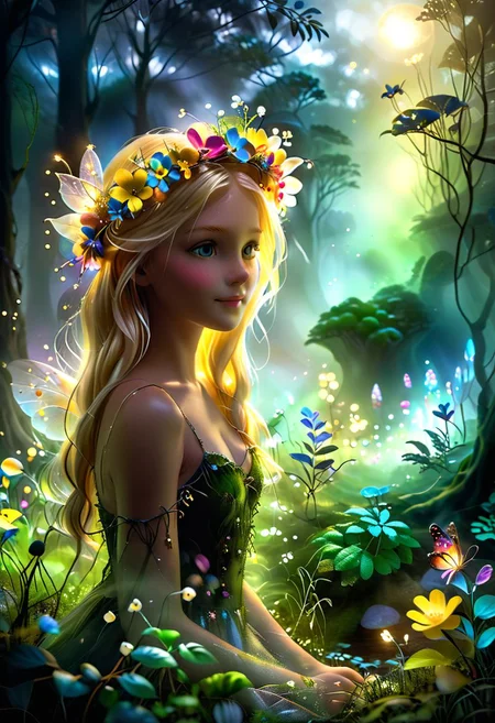 A vibrant and enchanting close up head shot photo of a cute and happy young girl with flowing blonde hair and a flower crown, exploring a misty magical forest on the summer solstice. shallow depth of field, realistic, skin pores, imperfections. She is accompanied by friendly bioluminescent fairies with crystal sparkling wings, fireflies and woodland creatures, with the sun setting in the background, casting a golden glow over the scene. The lush greenery and colorful white flowers make the image lively and captivating, perfect for celebrating a summer birthday. Extremely detailed, intricate, whimsical, magical, alcohol inks