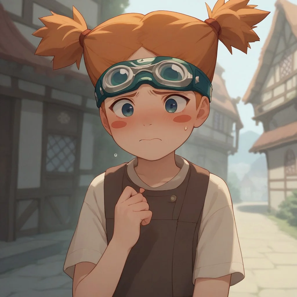 score_9, score_8_up, score_7_up, extremely detailed, masterpiece, 1girl, (solo girl), (warmly lighting), village
moegi, orange hair, twintails, goggles, blush, blush stickers,
standing, flat chest, petite, skinny
shy, blushing, nervous,