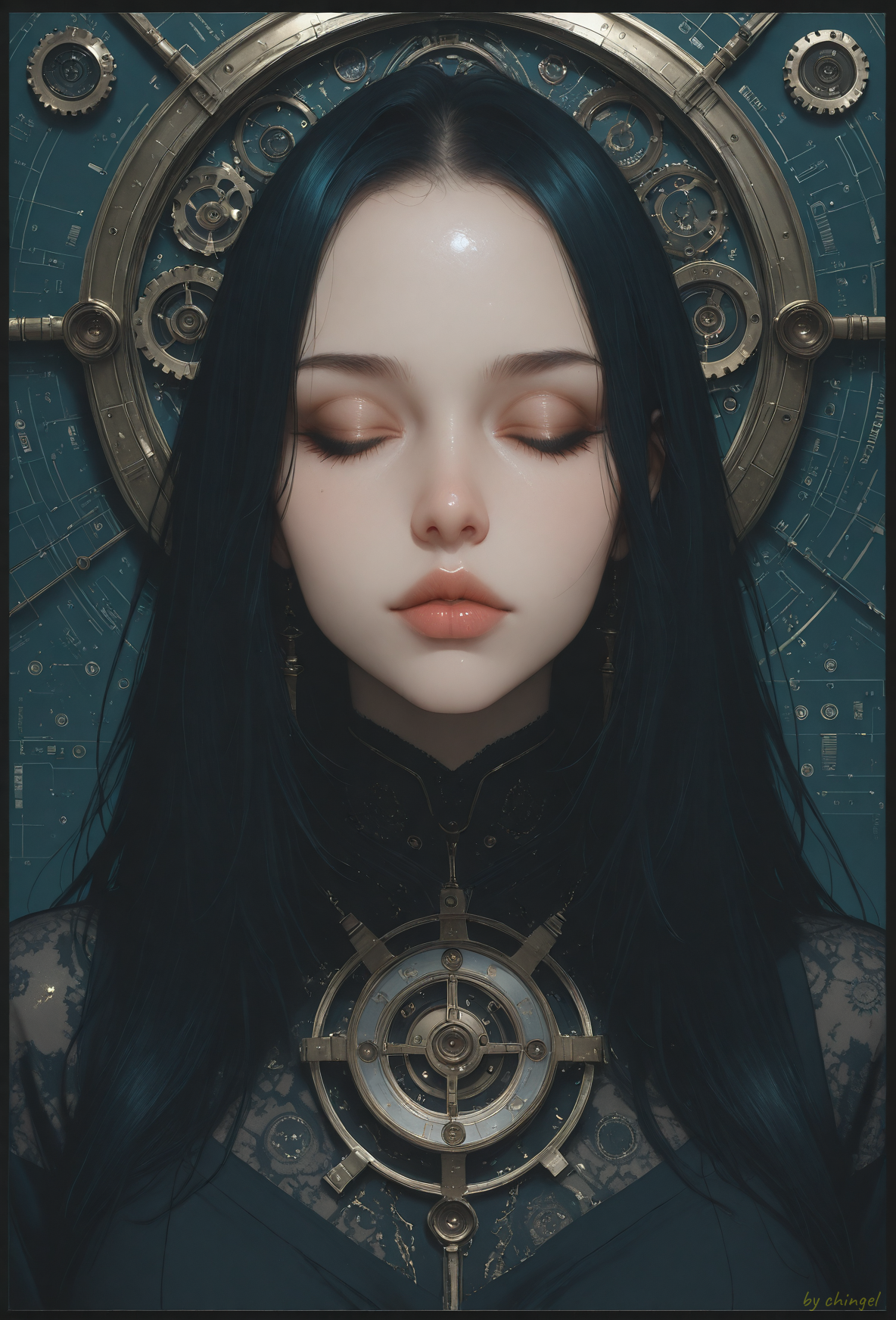 score_9, score_8_up, score_7_up,
best quality,masterpiece,highres,Highly detailed,realistic skin texture, detailed picture,UHD,32k,

rating_explicit,

This is a digital artwork depicting a stylized, abstract face of a woman. The image is rendered in a high-contrast, metallic gold and black palette, with intricate, geometric patterns and symbols overlaying the face. The woman's face is partially visible, with her eyes closed and her lips slightly parted, giving an expression of serene contemplation. Her skin is shaded in metallic gold, with intricate patterns of lines and circles etched into it, creating a textured, almost metallic appearance.

The background is a chaotic mix of lines, shapes, and symbols in gold and black, giving the impression of a complex, futuristic cityscape or an abstract machine. Clocks, gears, and circuitry-like designs are interspersed throughout the background, adding to the technological theme. The overall style is reminiscent of steampunk or cyberpunk art, blending elements of both futuristic and Victorian aesthetics. The texture of the artwork is smooth and glossy, with a high level of detail and precision, characteristic of digital art. The image is framed by a black border, which contrasts sharply with the metallic gold of the face, making it stand out prominently.
