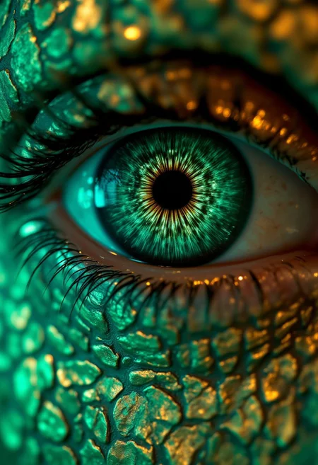 A super close-up of a woman’s eye, the iris now a shimmering dragon scale, with emerald greens and silvers overlapping like armor, tiny sparks of fire glinting inside. The pupil is a dark dragon eye slit, fierce and glowing, while the sclera has a faint scaly texture. The lighting is a bold, fiery green glow, captured with a Canon EOS 5DS R, .cr2 file, making the dragon scale fill the entire frame.
, aidmamj6.1, aidmaHyperrealism, aidmafluxpro1.1