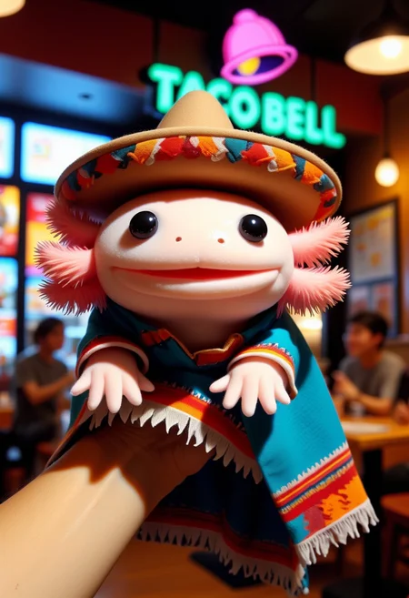 The image is a photograph capturing a close-up view of a plush axolotl puppet held by an individul, the axolotl puppet has pink frilly gills and round black eyes, it wears a small sombrero and poncho, indoors taco bell background at night