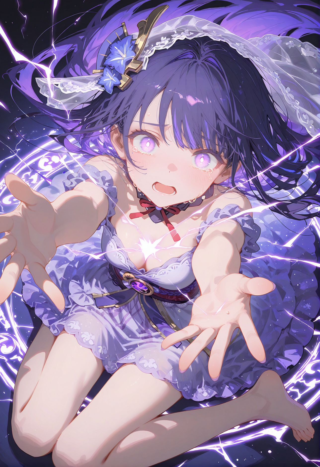 1girl,solo,original,masterpiece,best quality,amazing quality,magic circle,from above,lightning,thunder,close-up,(feet out of frame:1.3),
alternate costume,official alternate costume,alternate hairstyle,(raiden shogun:0.8),hair ornament,purple dress,frilled dress,silk dress,short dress,floating hair,veil,
wariza,facing viewer,looking at viewer,(outstretched arms,outstretched hands,carry me:1.3),(glowing eyes:1.1),tears,crying,despair,open mouth,
<lora:add-detail-xl:1>,masterpiece,best quality,fantasy,alluring,charming,captivating,elegant,detailed,perfect eyes,beautiful face,perfect toes,perfect hands,<lora:CunnyfunkyV4.0:1>,