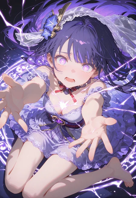 1girl,solo,original,masterpiece,best quality,amazing quality,magic circle,from above,lightning,thunder,close-up,(feet out of frame:1.3),
alternate costume,official alternate costume,alternate hairstyle,(raiden shogun:0.8),hair ornament,purple dress,frilled dress,silk dress,short dress,floating hair,veil,
wariza,facing viewer,looking at viewer,(outstretched arms,outstretched hands,carry me:1.3),(glowing eyes:1.1),tears,crying,despair,open mouth,
<lora:add-detail-xl:1>,masterpiece,best quality,fantasy,alluring,charming,captivating,elegant,detailed,perfect eyes,beautiful face,perfect toes,perfect hands,<lora:CunnyfunkyV4.0:1>,