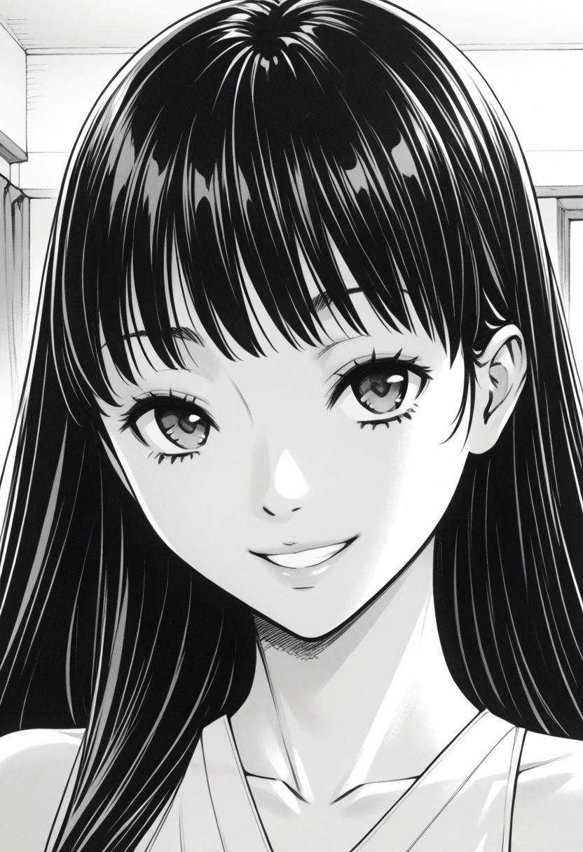 score_9, score_8_up, score_7_up, source_anime,(extremely detailed CG), (best quality),monochrome, greyscale,close-up face,
 1girl, slender body,large breasts,long hair,cowboy shot,bedroom ,Smile,