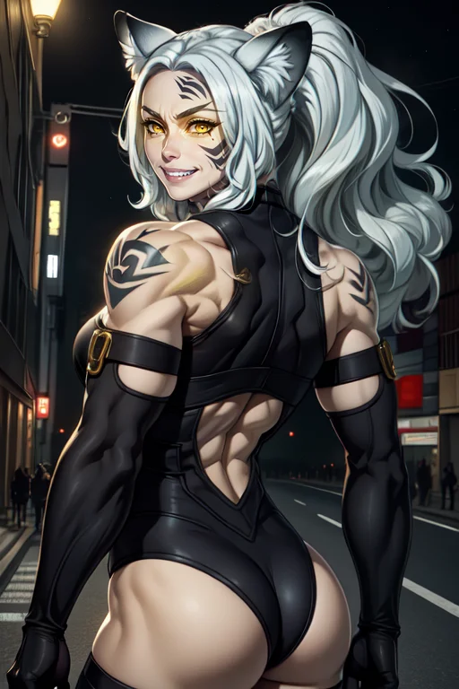 sandy, white hair, animale ears, animal ear fluff, left face tattoo yellow eyes, abs, muscular,ponytail tattoo, fang,
elbow gloves, black bodysuit, black thighhighs, tight, clothing cutout, cleavage cutout,
ass, from behind, looking back, cowboy shot,
standing, upper body,
night, streets, tokyo, solo,
(insanely detailed, beautiful detailed face,beautiful detailed eyes, masterpiece, best quality) cinematic lighting, grin
<lora:sandyMB-10:0.7>