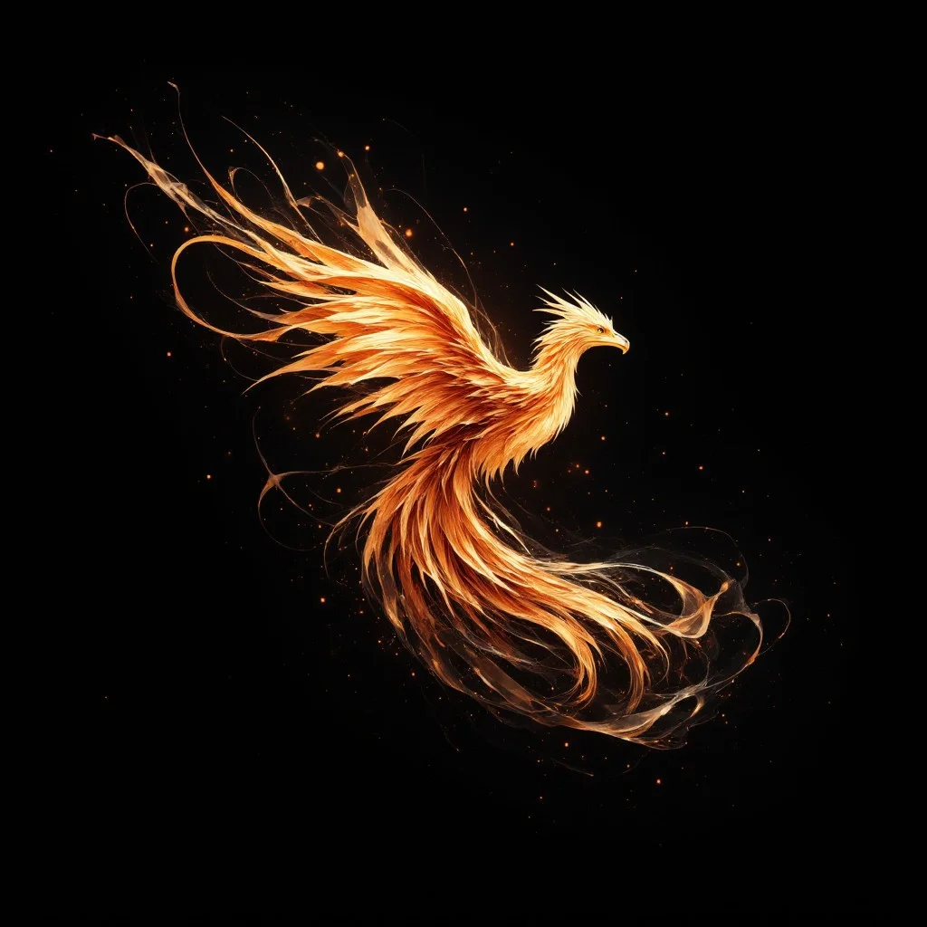 phoenix made out of singular intricately flowing light strands against a black background, swirling particles, abstract graphics, contours of a burning tree hidden in smoke, majestic, concept art, flowing light, glowing dust