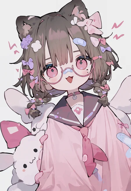 (ask \(askzy\):0.35), masterpiece, best quality, very aesthetic, absurdres, year 2024, year 2023, chibi, fuchsia theme, 1girl, solo, side braids, brown hair, bandaid on nose, cute, blush, :3, open mouth, looking at viewer, dutch angle, high angle, pink eyes, sailor shirt, pink tie, multiple hair bows, mole under eye, glasses, animal ears, stuffed animal, stuffed rabbit,