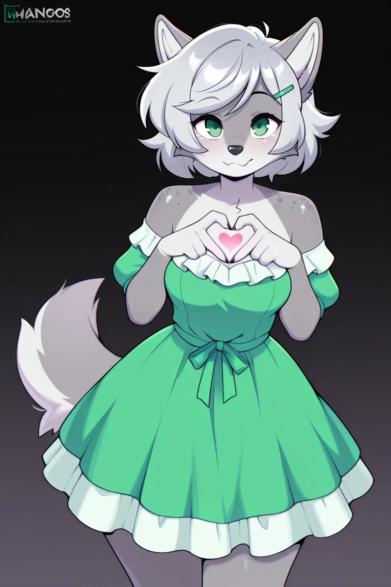 masterpiece, best quality, amazing quality, very aesthetic, detailed eyes, chromapan, BREAK, solo, furry, female, wolf, gray body, white chest, green eyes, gray freckles, short silver hair, swept bangs, medium breasts, green frilly dress, off shoulder, tail, looking at viewer, hand heart, blep, hairpin, arms out, gradient background, <lora:rubi_style_il_shrink:0.7>, <lora:chromapan_3mangos:0.9>