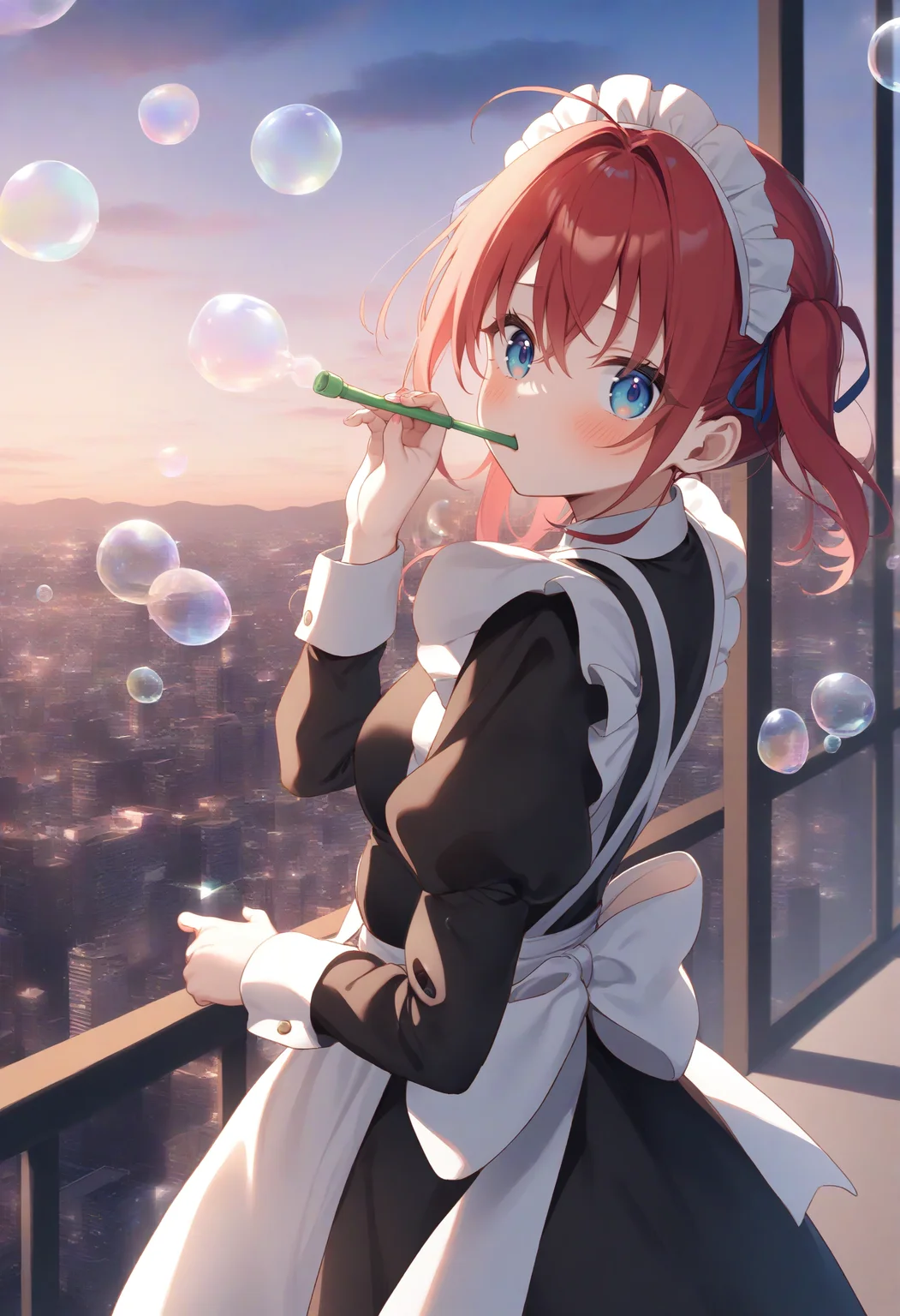 1girl,sincos, ningen mame, toosaka asagi,solo,medium breasts,20yo,maid,maid headdress,
blowing bubbles, bubble, bubble blowing, bubble pipe, outdoors, day, sky,<lora:blowingbubbles_XL_v1:0.7>
ceiling, panorama shot, looking back, red hair, blue eyes,confused, capital city, hime cut hair,
best quality, very aesthetic, absurdres