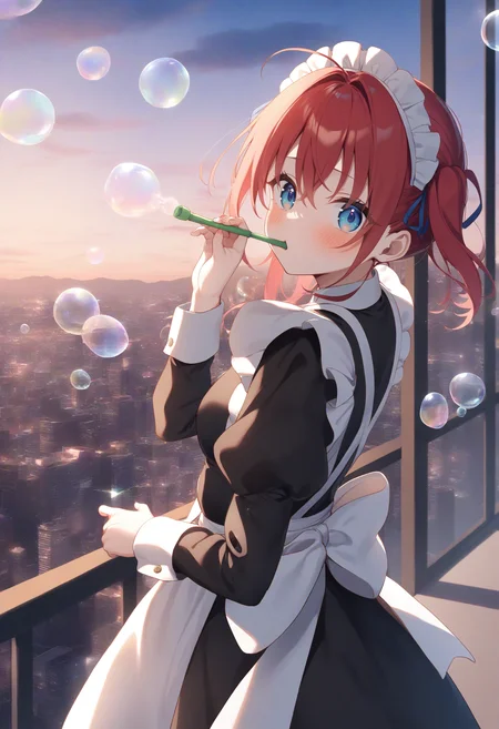 1girl,sincos, ningen mame, toosaka asagi,solo,medium breasts,20yo,maid,maid headdress,
blowing bubbles, bubble, bubble blowing, bubble pipe, outdoors, day, sky,<lora:blowingbubbles_XL_v1:0.7>
ceiling, panorama shot, looking back, red hair, blue eyes,confused, capital city, hime cut hair,
best quality, very aesthetic, absurdres
