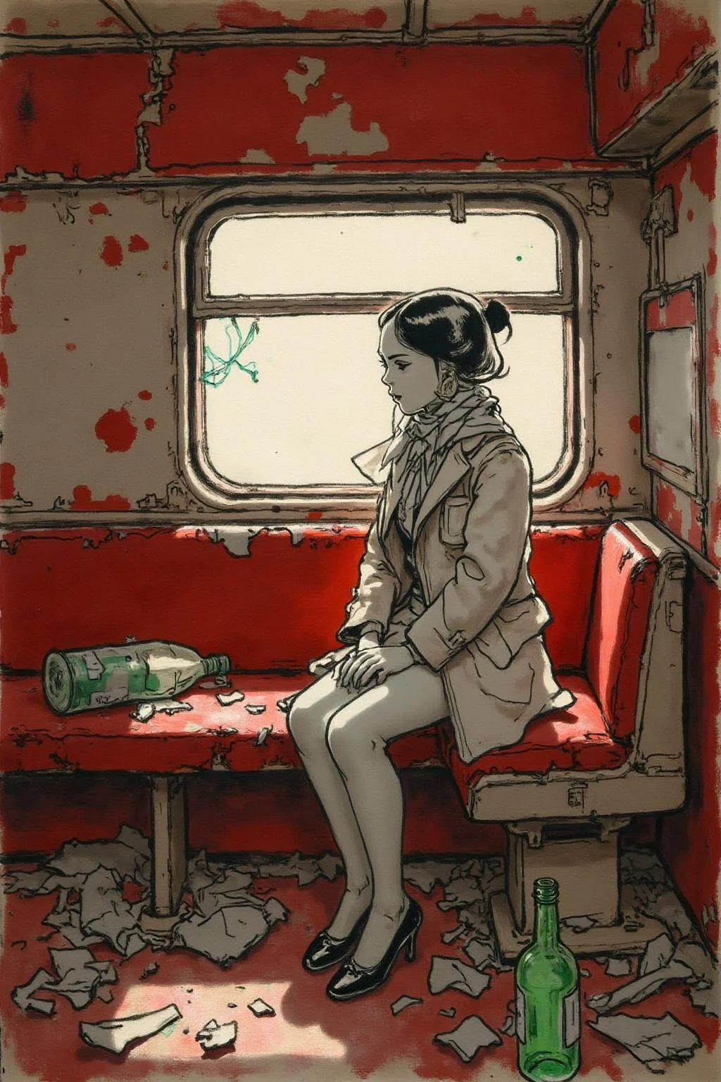 kj9 illustration.
A girl sitting in a dilapidated train car. The train's red interior is faded and worn, with patches of rust staining the walls and ceiling. Garbage, broken bottles, and scraps of paper litter the floor, adding to the sense of decay. The girl sits on a torn, upholstered bench, her posture thoughtful and melancholic, with light streaming through a cracked window to illuminate her figure. Her attire blends vintage elegance with subtle modern touches, featuring a tailored coat and a scarf that catches the soft rays of light. Leyendecker's signature use of bold, confident brushstrokes and interplay of light and shadow bring depth to the scene, emphasizing the textures of the rust, the glossy shards of glass, and the folds of the girl's clothing. The mood is one of poignant beauty, juxtaposing the ruinous surroundings with the girl's quiet grace.  <lora:kj91_cap_d6a3e12:1.0><lora:819909278564597946:0>