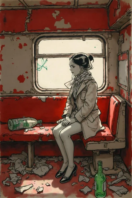 kj9 illustration.
A girl sitting in a dilapidated train car. The train's red interior is faded and worn, with patches of rust staining the walls and ceiling. Garbage, broken bottles, and scraps of paper litter the floor, adding to the sense of decay. The girl sits on a torn, upholstered bench, her posture thoughtful and melancholic, with light streaming through a cracked window to illuminate her figure. Her attire blends vintage elegance with subtle modern touches, featuring a tailored coat and a scarf that catches the soft rays of light. Leyendecker's signature use of bold, confident brushstrokes and interplay of light and shadow bring depth to the scene, emphasizing the textures of the rust, the glossy shards of glass, and the folds of the girl's clothing. The mood is one of poignant beauty, juxtaposing the ruinous surroundings with the girl's quiet grace. <lora:kj91_cap_d6a3e12:1.0><lora:819909278564597946:0>