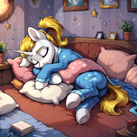 masterpiece, score_9, score_8_up, score_7_up, (best quality:1.1), ultra-detailed, high resolution, solo, 1character, Honoria Goldmane, unicorn, pony, feral, mare, white skin, fluffy pony ears, horn, yellow mane, tail, ponytail, feral, female, mare, closed eyes, full clothing, blue pajamas, inside, cozy living room, Sleeping, lying on side, pink pillows, full body, highly visible, sharp focus, perfect lighting, shiny, anatomically correct, extremely detailed, shine on body, high detail, cute, Expressiveh, detailed background