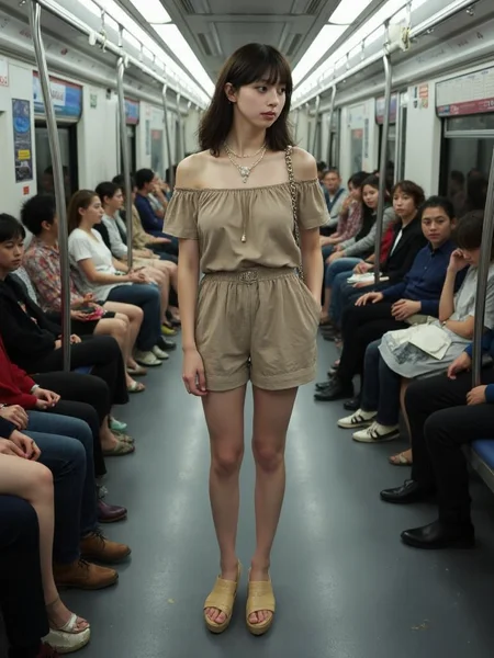 There are wonderful studio lights and various reflections,
18yo beautiful cute girl with blushing and female orgasm.skin naturally showing the texture of blood vessels and detailed pale skin,
--,
<lora:Nakajo_Ayami_f1:1>,she is Nakajo Ayami,
(Off-the-shoulder_romper:1.5),(Straw_wedge_sandals:1.4),(Shell_necklace:1.3), She is in the center of the picture. There are many passengers in the Tokyo subway car but no one notices her. The lighting is dim and the wide-angle lens has a sense of depth,which makes her stand out more.,,#ä¸äº¬å°é