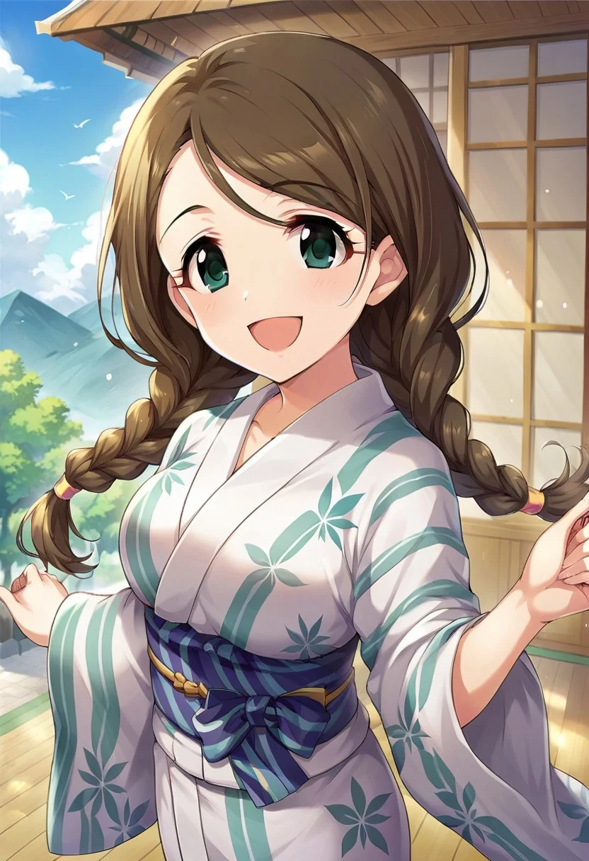 score_9, score_8_up, score_7_up, source_anime,akanishi erika, long hair, brown hair, twin braids, green eyes, 1girl, solo, japanese clothes, kimono, open mouth, smile, yagasuri, yukata, looking at viewer