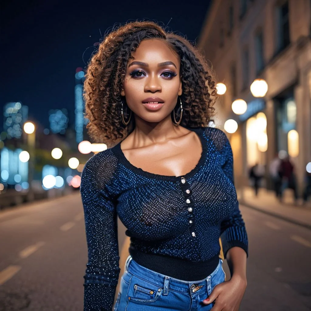 cinematic photo professional fashion close-up portrait photography of a beautiful black woman in the city at night, black knitted top, blue jeans, Nikon Z9, bokeh . 35mm photograph, film, bokeh, professional, 4k, highly detailed