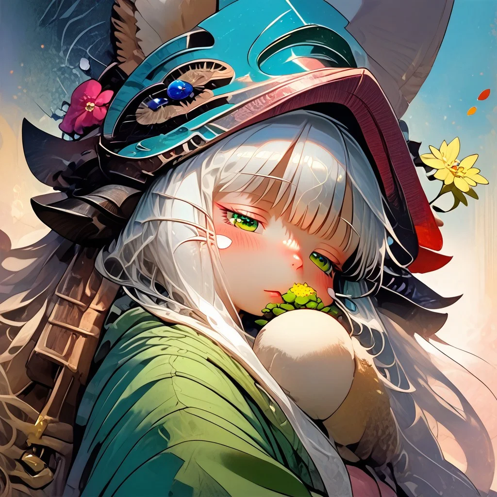 score_9, score_8_up, score_7_up, source_cartoon, 1girl, nanachi, \(made in abyss\)/,(ultra HD quality details), green eyes, white hair, furry, animal ears, tail, sidelocks, solo, adorable nanachi, sleeping on a flower, sleeping, (tiny size, sleeping:1.2), blushing, moaning, (puffy pants, helmet, long hair, ears through headwear:1.1), colorful detailed flower background, (detailed image, high resolution, 5k resolution:1.0), Expressiveh,